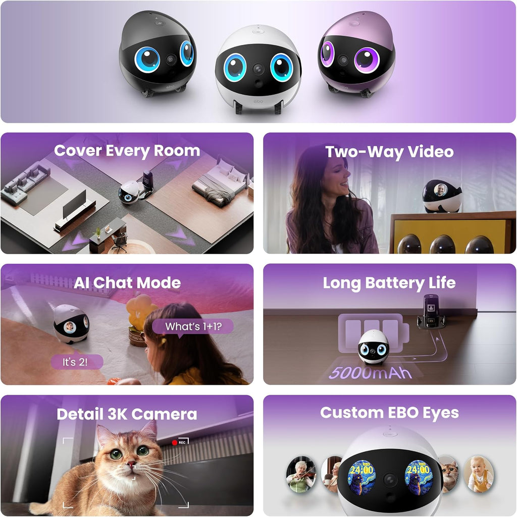 Enabot EBO Air 2 Plus FamilyBot 3K Home Camera Robot: Indoor Camera, Movable Robot Companion, 2-Way Video, AI Chat Mode, Auto-Recharge, Long Battery Life, Custom Facial Image, Night Vision