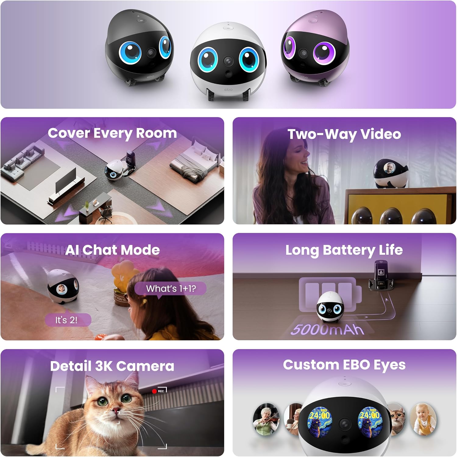 Enabot EBO Air 2 Plus FamilyBot 3K Home Camera Robot: Indoor Camera, Movable Robot Companion, 2-Way Video, AI Chat Mode, Auto-Recharge, Long Battery Life, Custom Facial Image, Night Vision
