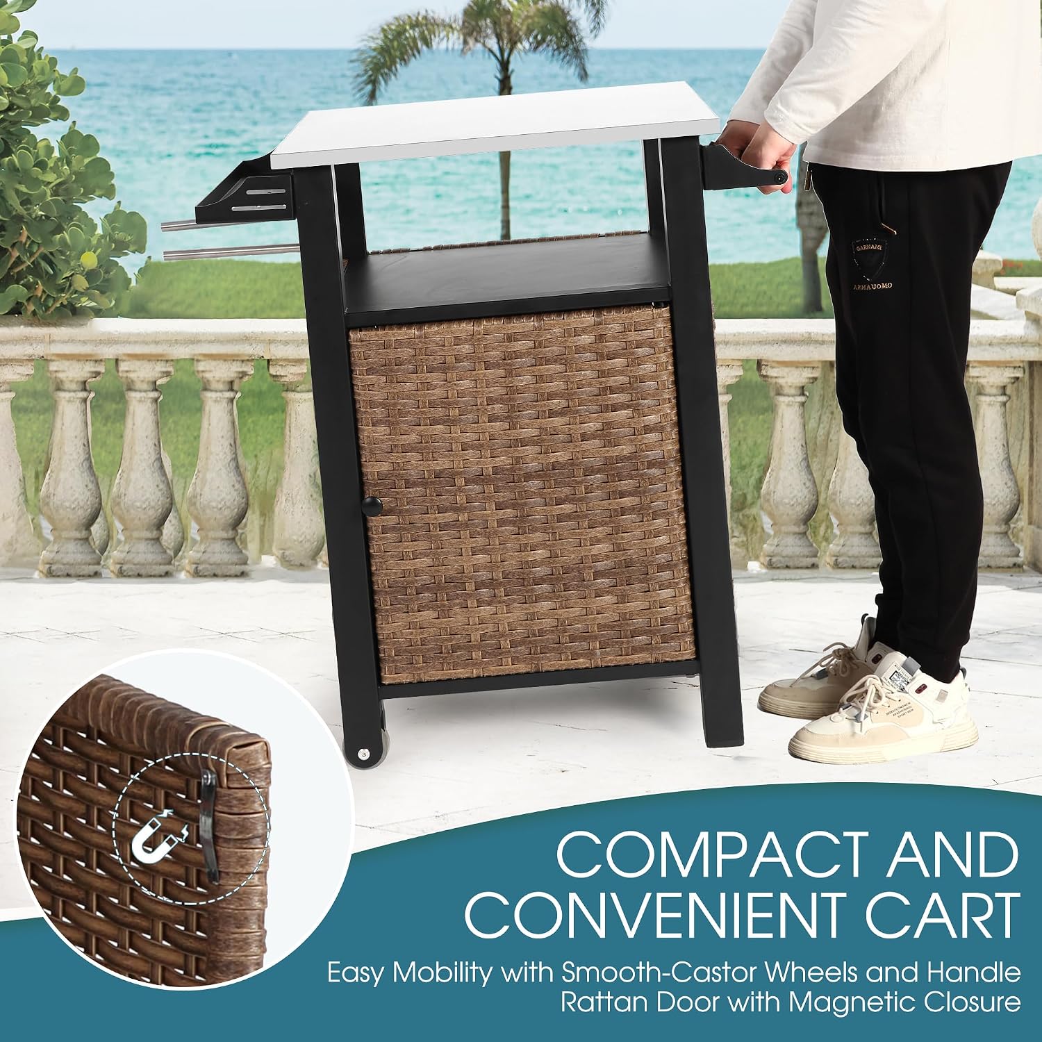 Wicker Grill Cart with Wheels, Outdoor Prep Table with Storage and Rolling Wheels, Samll Kitchen Island Serving Cart with Stainless Steel Table Top for BBQ, Porch, Patio, Brown