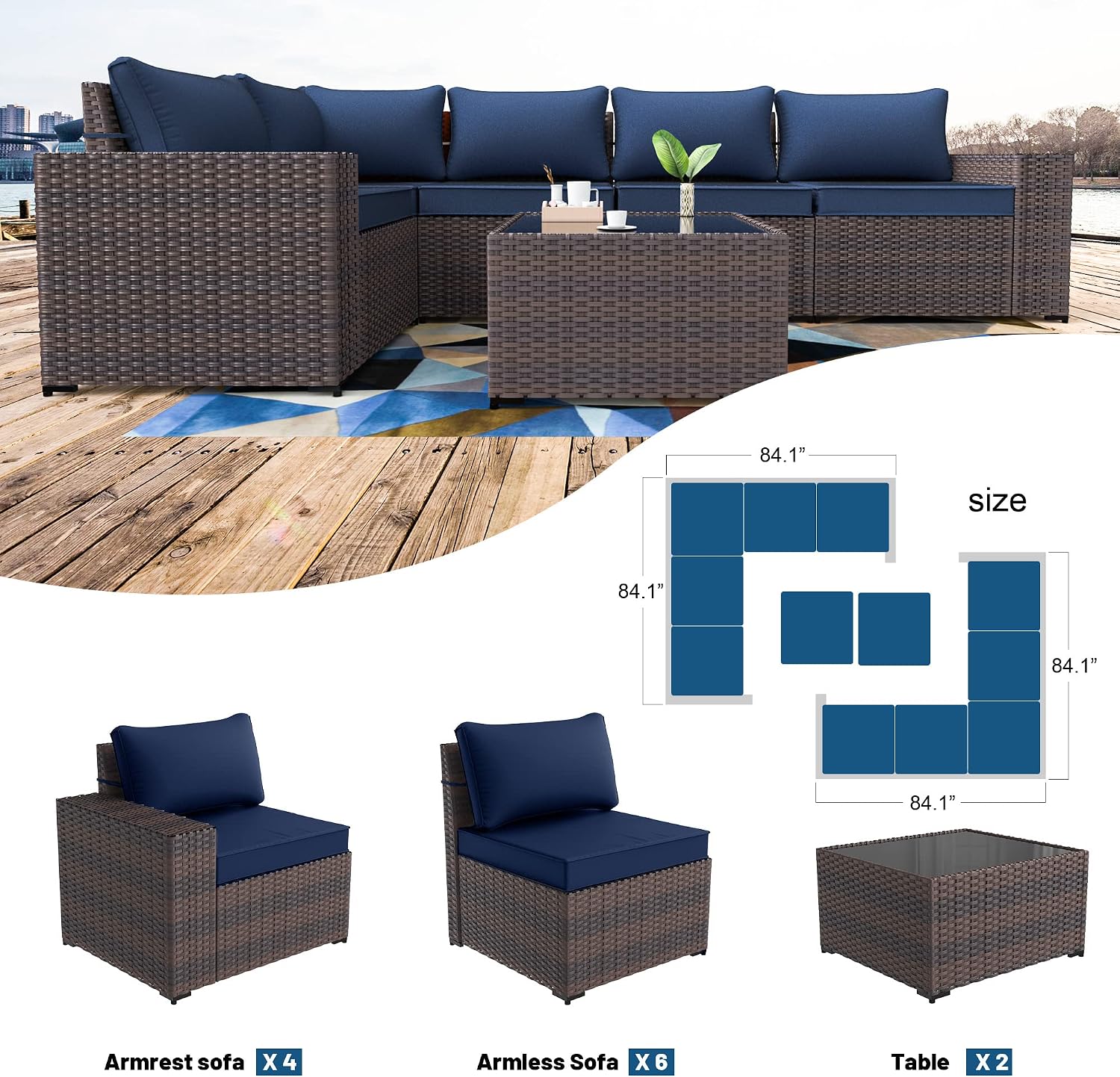 Kullavik Outdoor Patio Furniture Set,12 Pieces Sectional Rattan Sofa Set Brown PE Rattan Wicker Patio Conversation Set with 10 Seat Cushions and 2 Tempered Glass Coffee Table,Navy Blue