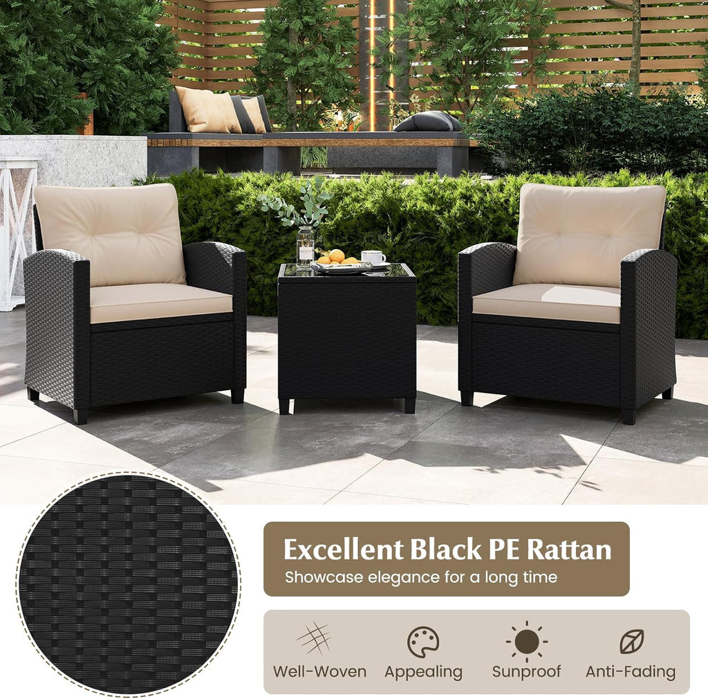 RELAX4LIFE 3-Piece Patio Furniture - Wicker Rattan Bistro Sofa Set w/Glass Top Coffee Table, Washable Cushions for Porch Balcony Backyard Poolside, Outdoor Conversation Set (Beige)