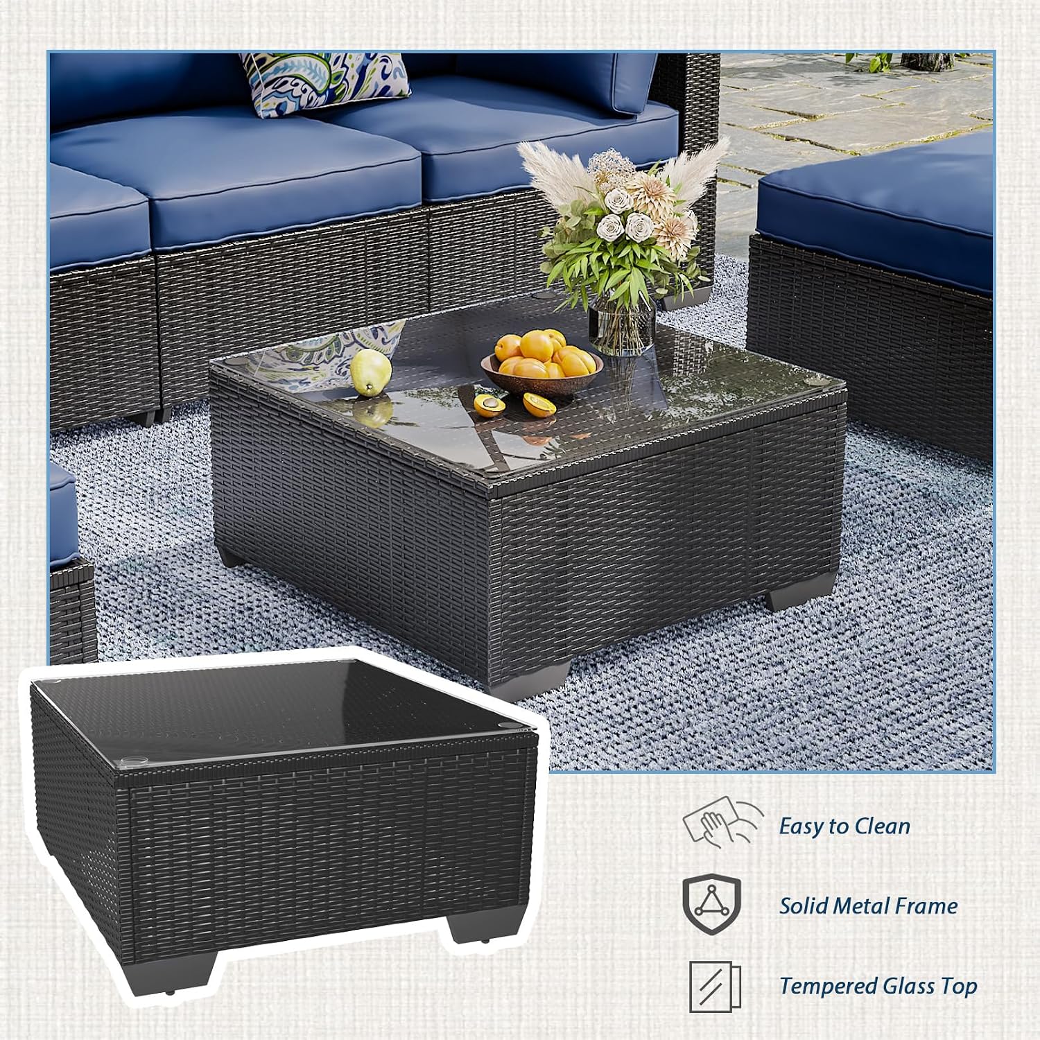 AECOJOY 7 Piece Outdoor Patio Furniture Set, Outdoor Sectional Conversation Furniture Chair with Coffee Table, Patio Sectional for Backyard, Garden(Navy Cushions and Black Rattan)