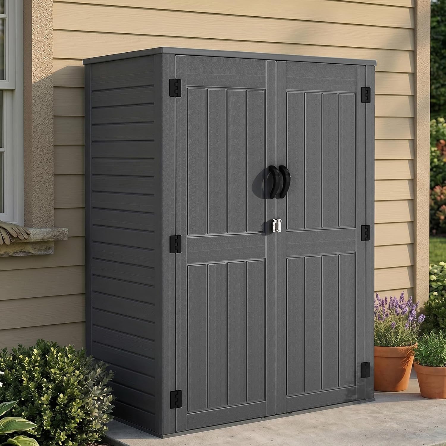EHHLY Vertical Resin Storage Shed with 2 Shelves, 60 Cuft Garden Tool Sheds & Outdoor Storage, Plastic Outdoor Storage Cabinet Waterproof, 4.5 x 2.3 ft Backyard Outside Lawn Mower Storage Shed, Grey