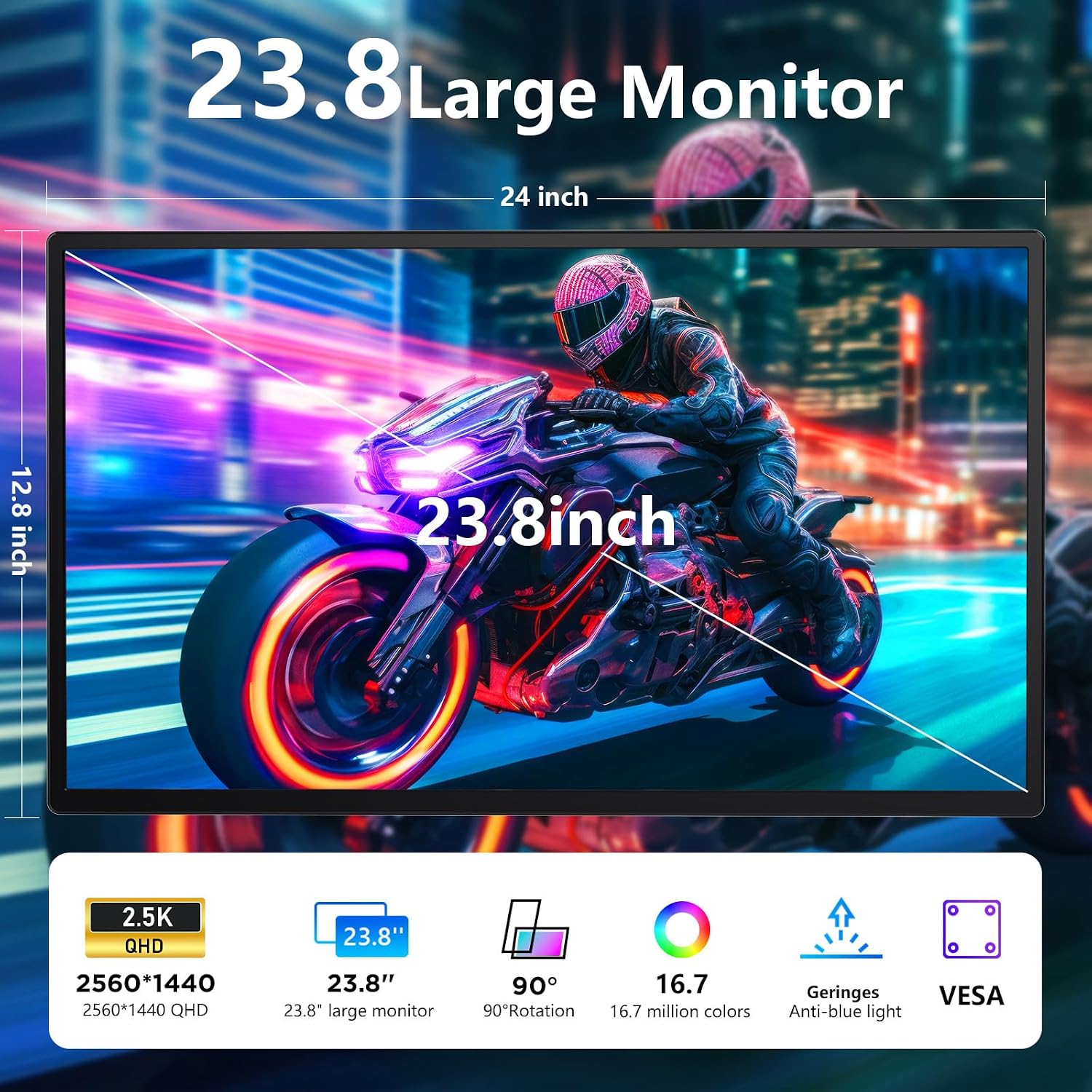23.8' Large Portable Monitor, 2.5K QHD 180Hz Laptop Screen Extender, 150% RGB 178° IPS, Speakers & USB Hub for Office/Gaming with Kickstand, Travel Monitor for Laptop/PC/Mac/Xbox, VESA USB-C & HDMI