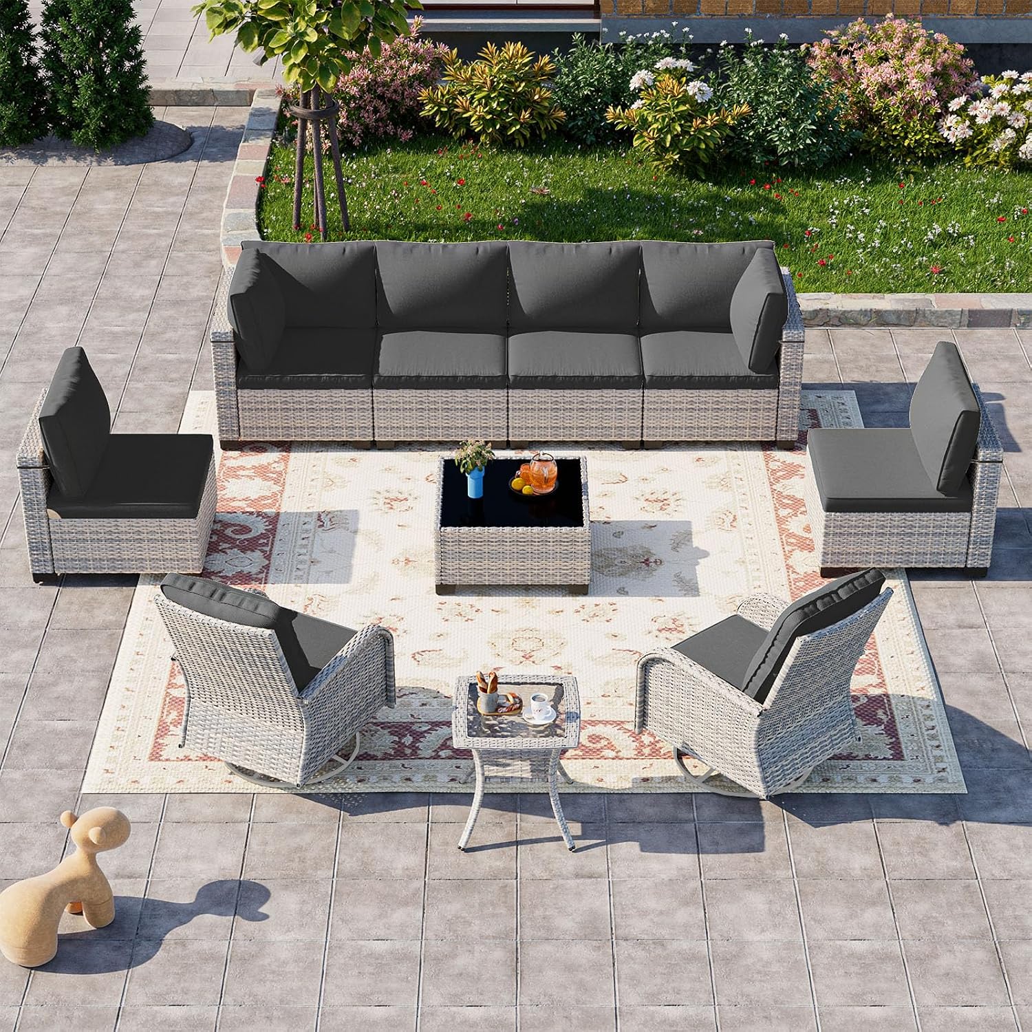 10-Piece Patio Furniture Set, Outdoor Patio Furniture with Swivel Chairs Set, Thick Cushions, Modular Patio Sofa, Dual-Strand Wicker Rattan, Rust-Resistant Frame, Black