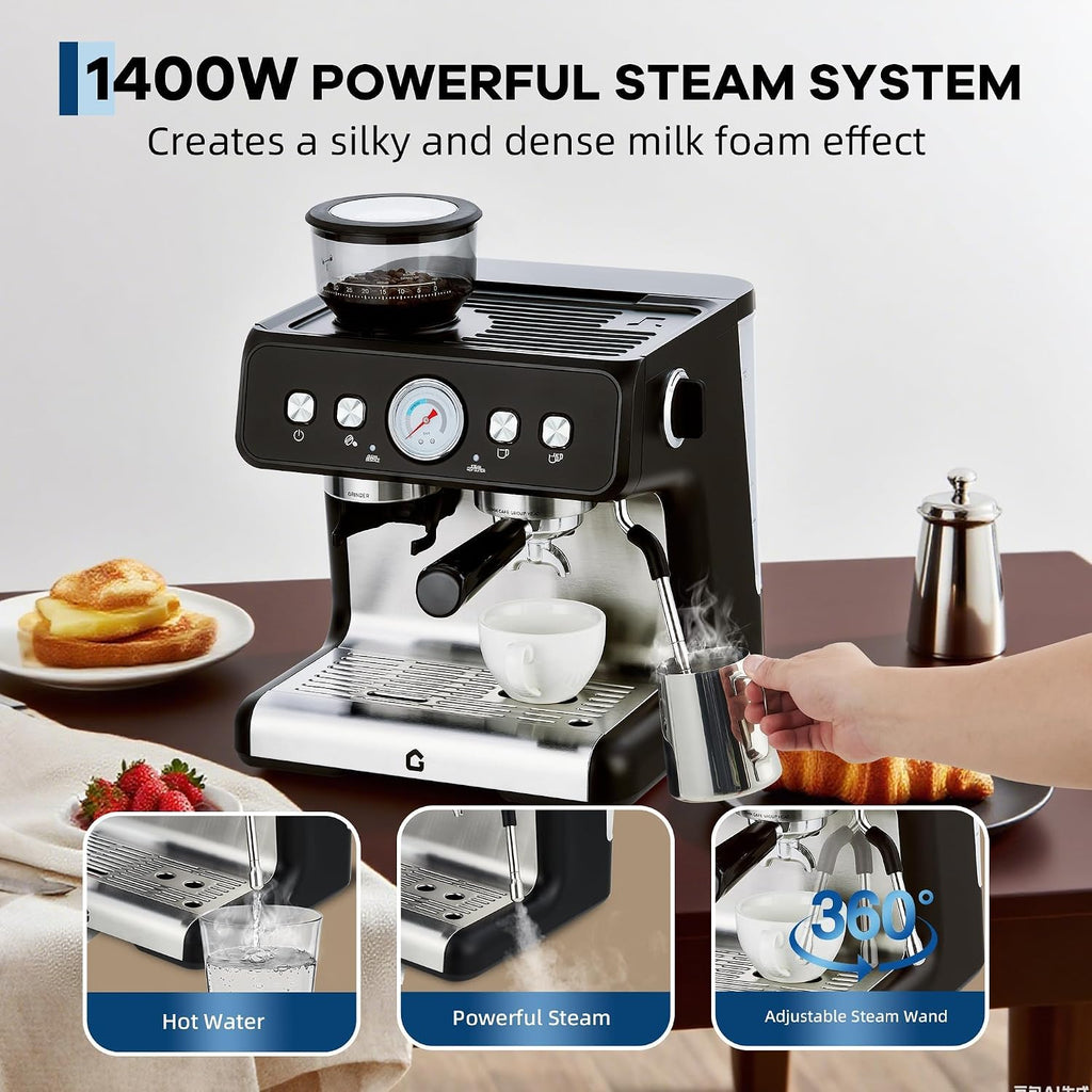 20-Bar Espresso Coffee Machine with Built-In Grinder, 2.8L Removable Tank, Adjustable Shot Volume & Steam Wand, Stainless Steel Coffee Maker for Home or Office