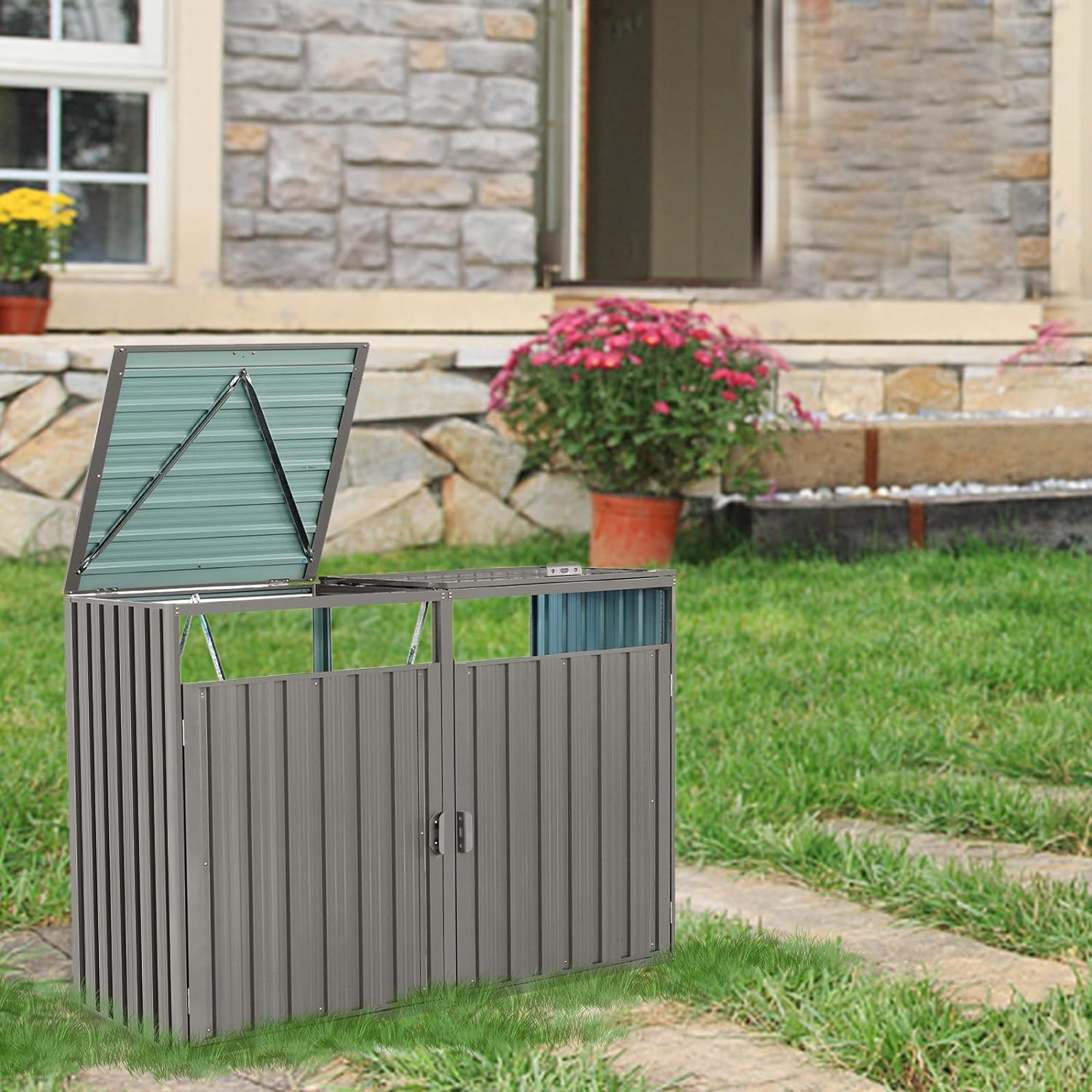 Outdoor Trash Can Storage, Garbage Bin Shed Stores 2 Trash Cans, Metal Outdoor Storage Shed for Garbage Cans, Garden Accessories, Backyard, and Patio Use, Lockable, Light Grey