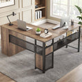 LVB Wood L Shaped Desk, Large Computer Office Desk with File Cabinets, Reversible Executive L Shape Gaming Desk with Drawers, Metal Wooden Corner Desk Table with with Storage Shelf, Rustic Oak 59 Inch