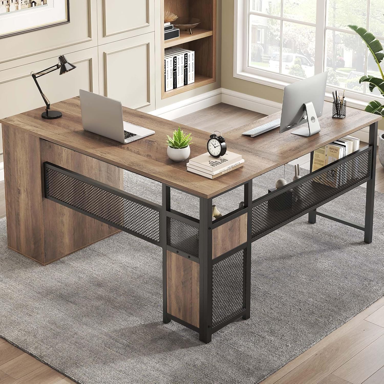 LVB Wood L Shaped Desk, Large Computer Office Desk with File Cabinets, Reversible Executive L Shape Gaming Desk with Drawers, Metal Wooden Corner Desk Table with with Storage Shelf, Rustic Oak 59 Inch