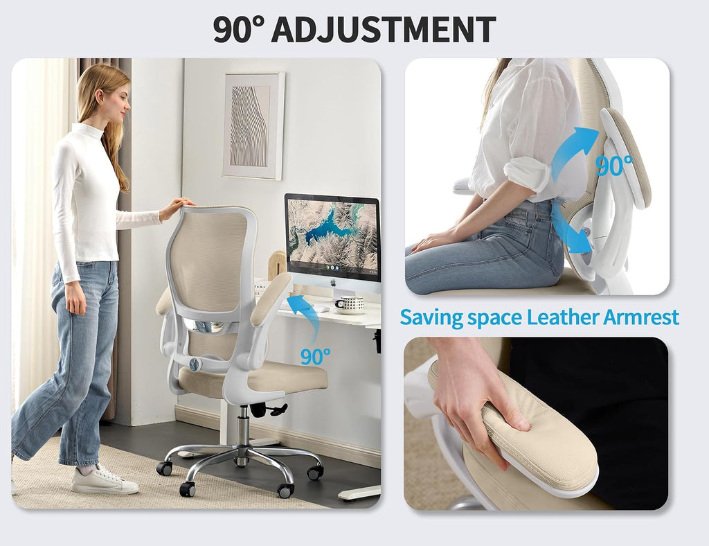 TRALT Ergonomic Office Chair - Desk Chair with Wave High Back Adjustable Lumbar Support Computer Chair - Gaming Chairs Mesh Backrest and PU Leather Seat for Home Reading Chairs to Adults(Beige)