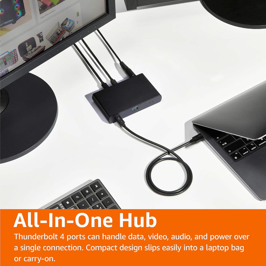 Amazon Basics Thunderbolt 4 Docking Station, Dual 4K@60Hz Display Support, 85W Power Delivery, 3X Downstream TBT4, 1xUSB A 3.1, Mac/Windows Compatible, Black, 4.76 x 2.84 x 0.86 inches
