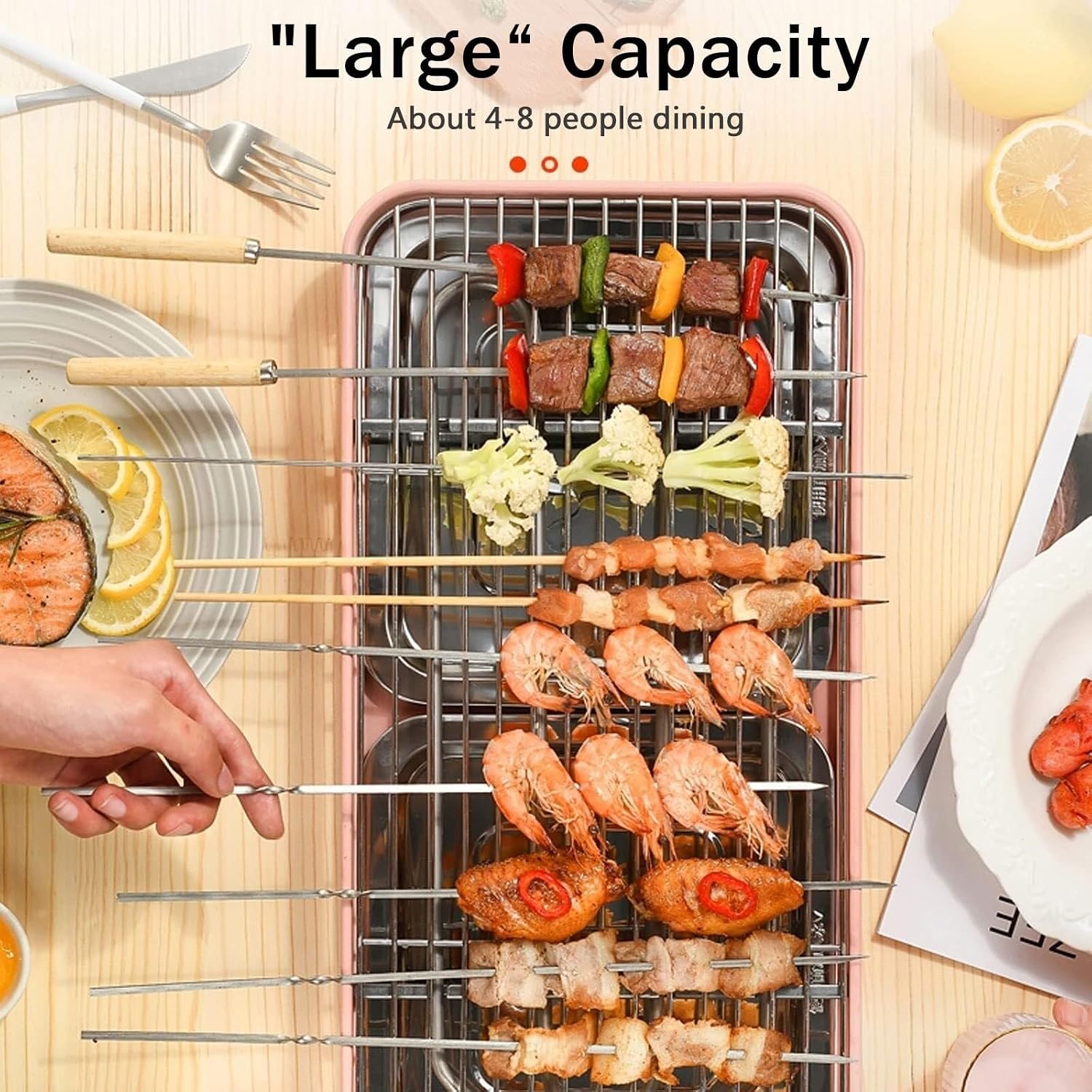 Smokeless Table Grill, Electric BBQ Grill 1500 W for Indoor Outdoor Use, Electric Table Top Griddle, Non-Stick Coating Grill Surface 42.5x20.5 cm, Removable Grease Tray, for Festival Party,Pink(Green)