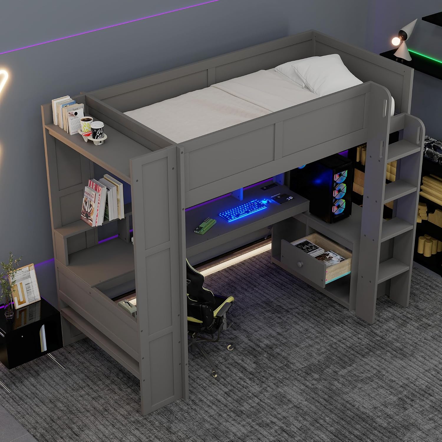 Merax Loft Bed Twin Size with Gaming Desk, Mulfunctional Wood Loft Bed with Storage Shelves, Drawer and Charging Station, for Teens Adults (Dark Grey)