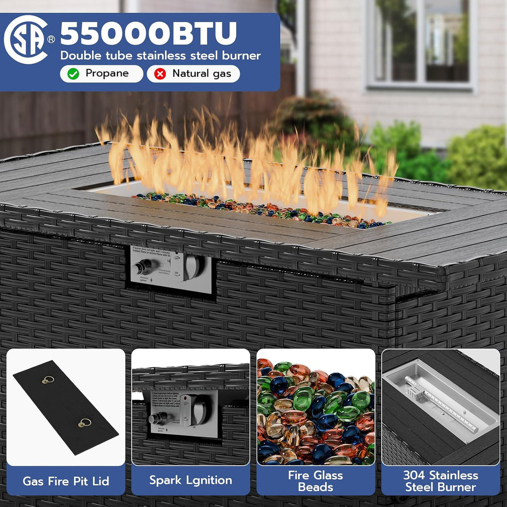 5 Piece Patio Furniture Set with Fire Pit Table, Outdoor Sectional Conversation Sets Black Wicker Rattan Sectional Sofa for Patio Garden Backyard, 4'' Thickened Cushion Black