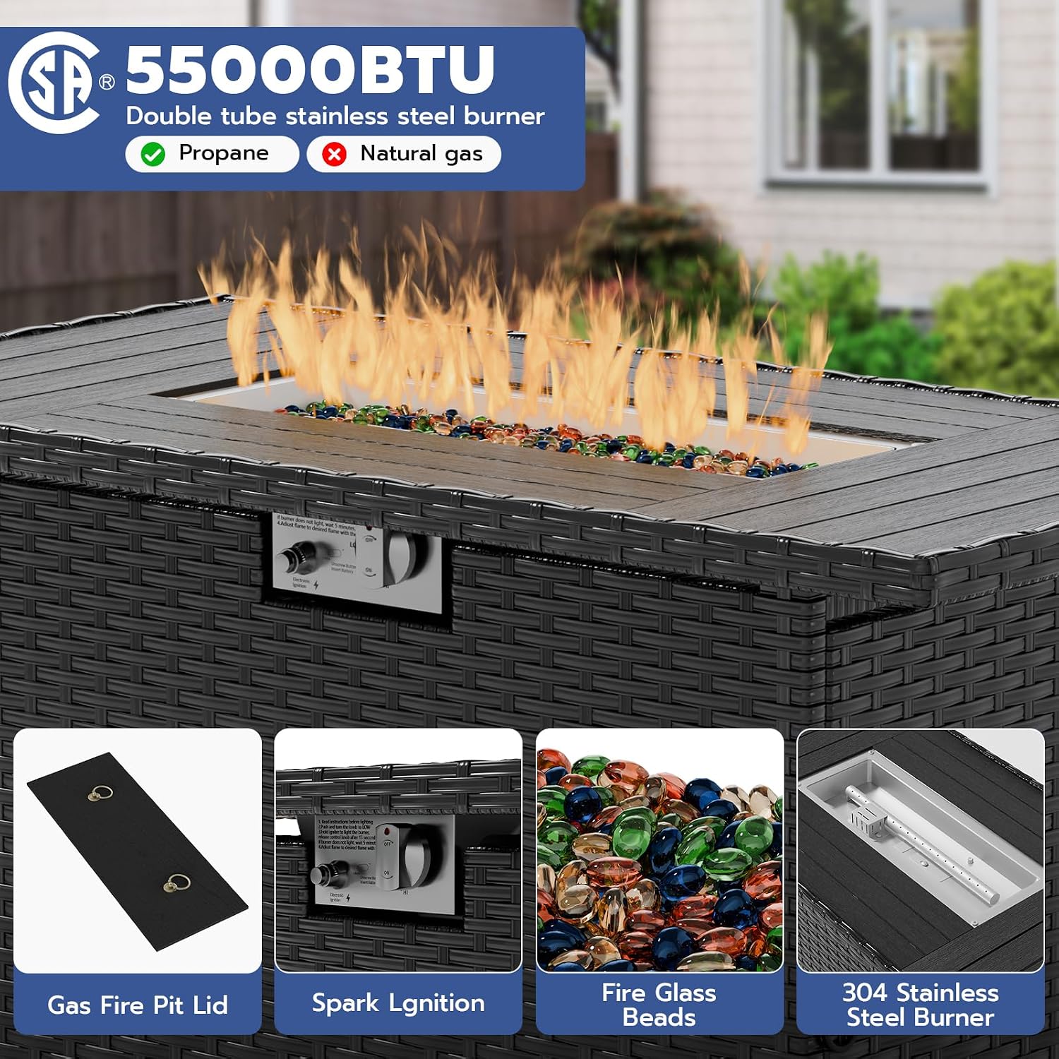 5 Piece Patio Furniture Set with Fire Pit Table, Outdoor Sectional Conversation Sets Black Wicker Rattan Sectional Sofa for Patio Garden Backyard, 4'' Thickened Cushion Black