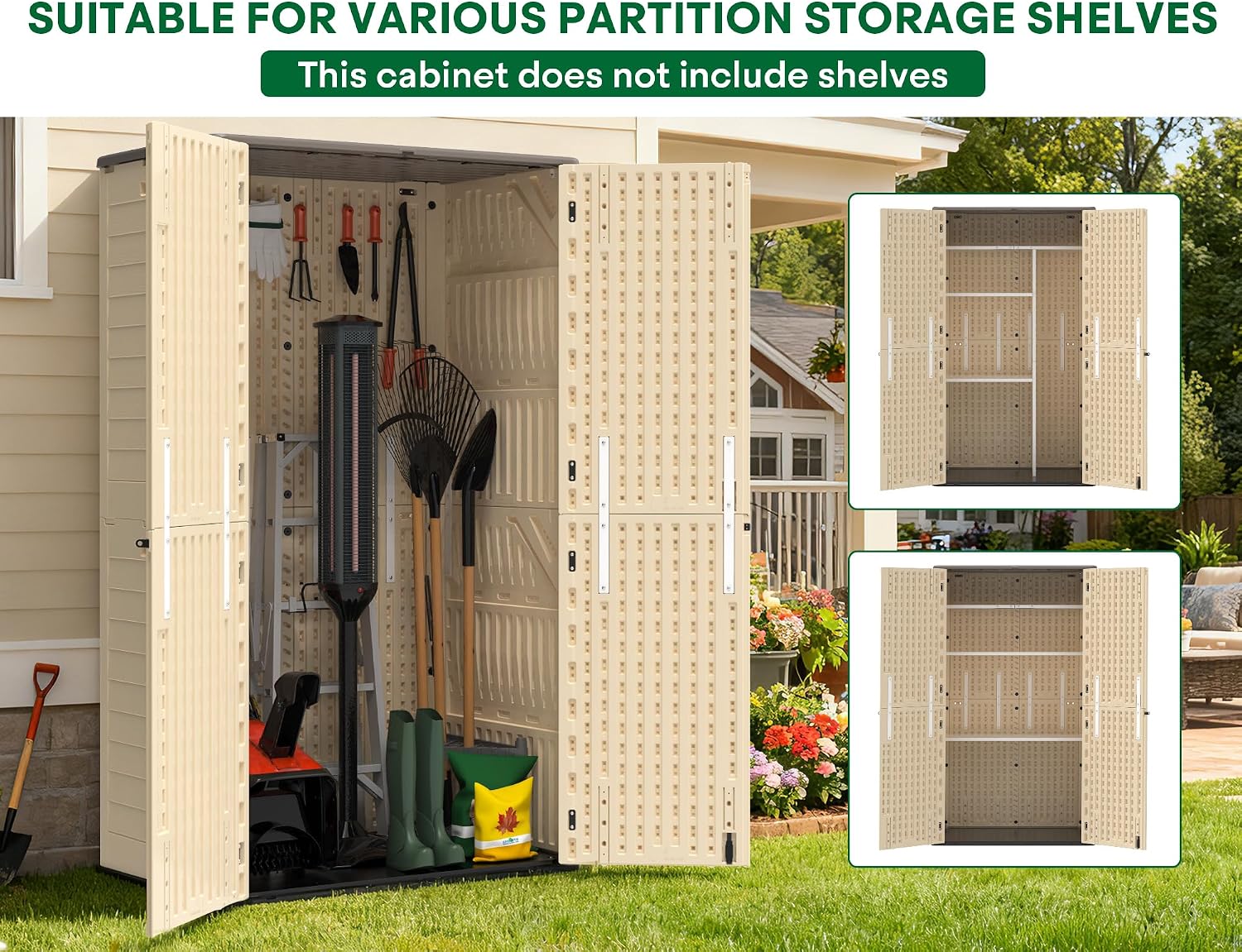 Tall Vertical Outdoor Storage Shed, 60 Cu Ft Waterproof Resin Storage Cabinet with Floor, All-Weather Garden Shed for Garage, Patio, Backyard, Porch (Khaki)