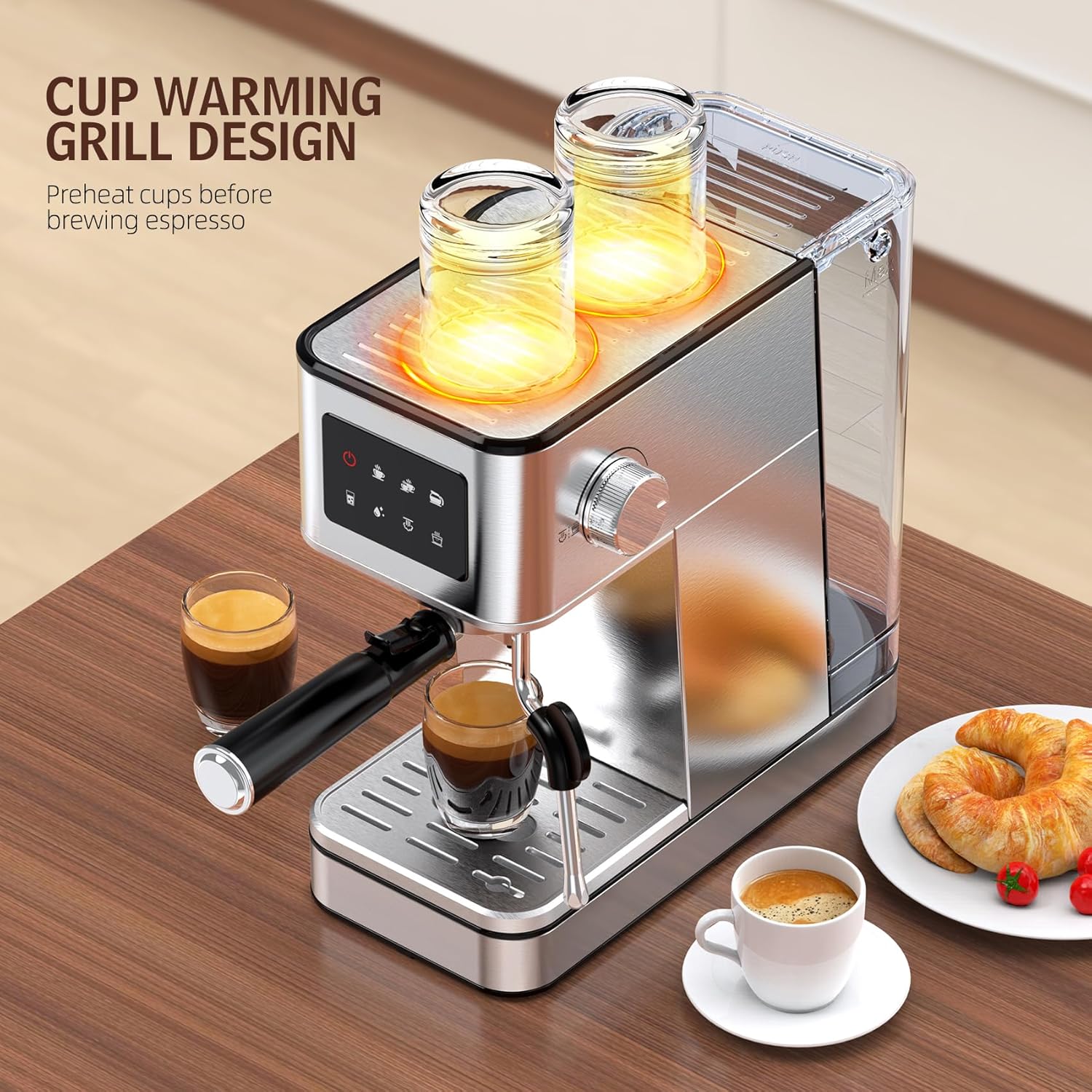 Espresso Machine with Milk Frother, 20 Bar Compact Coffee Machine with Touch Screen & 57.5oz Removable Water Tank for Home, Stainless Steel Espresso Maker for Cappuccino, Latte, Silver