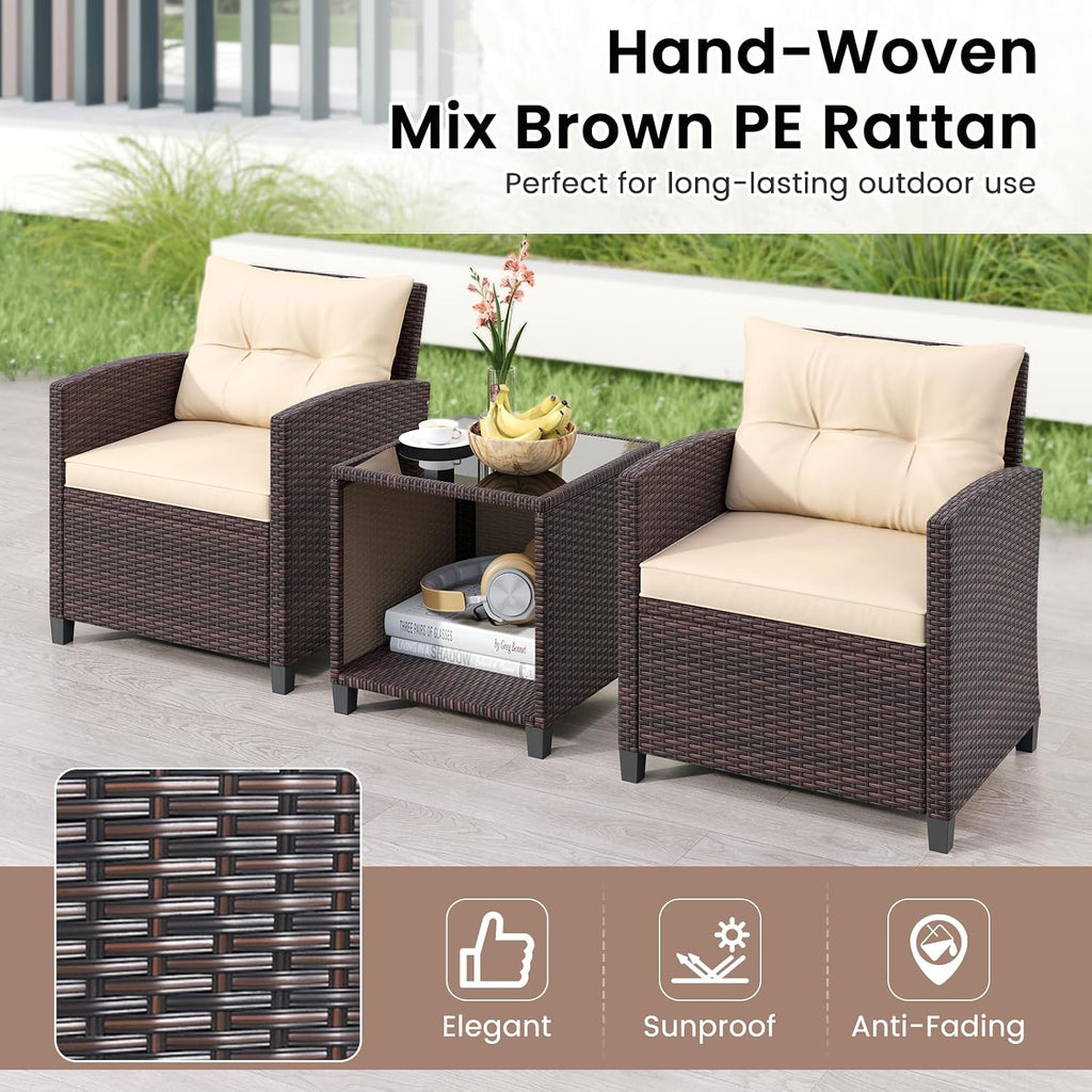 KOTEK 3 Piece Patio Furniture Set, Outdoor Conversation Set with Washable Cushions & Storage Table, PE Rattan Wicker Bistro Set for Porch, Backyard, Balcony (Beige)