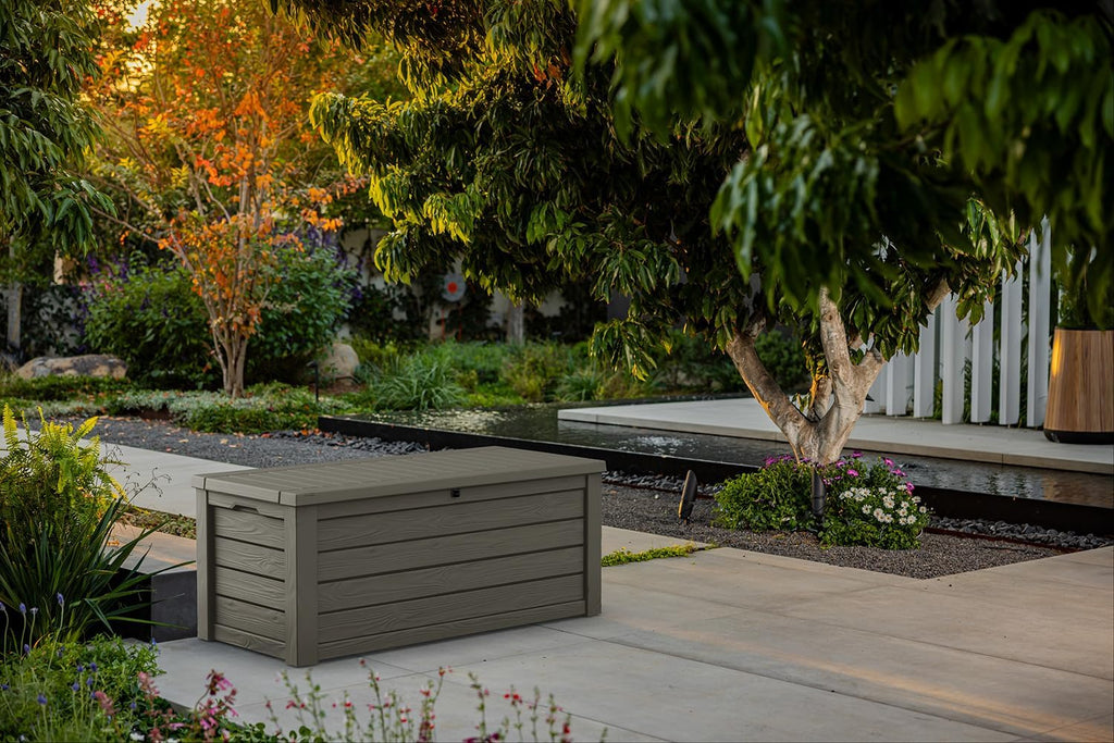 Keter Westwood 150 Gallon Resin Large Outdoor Storage Box for Patio Furniture, Outdoor Cushions, Garden Tools and Pool Floats, Taupe