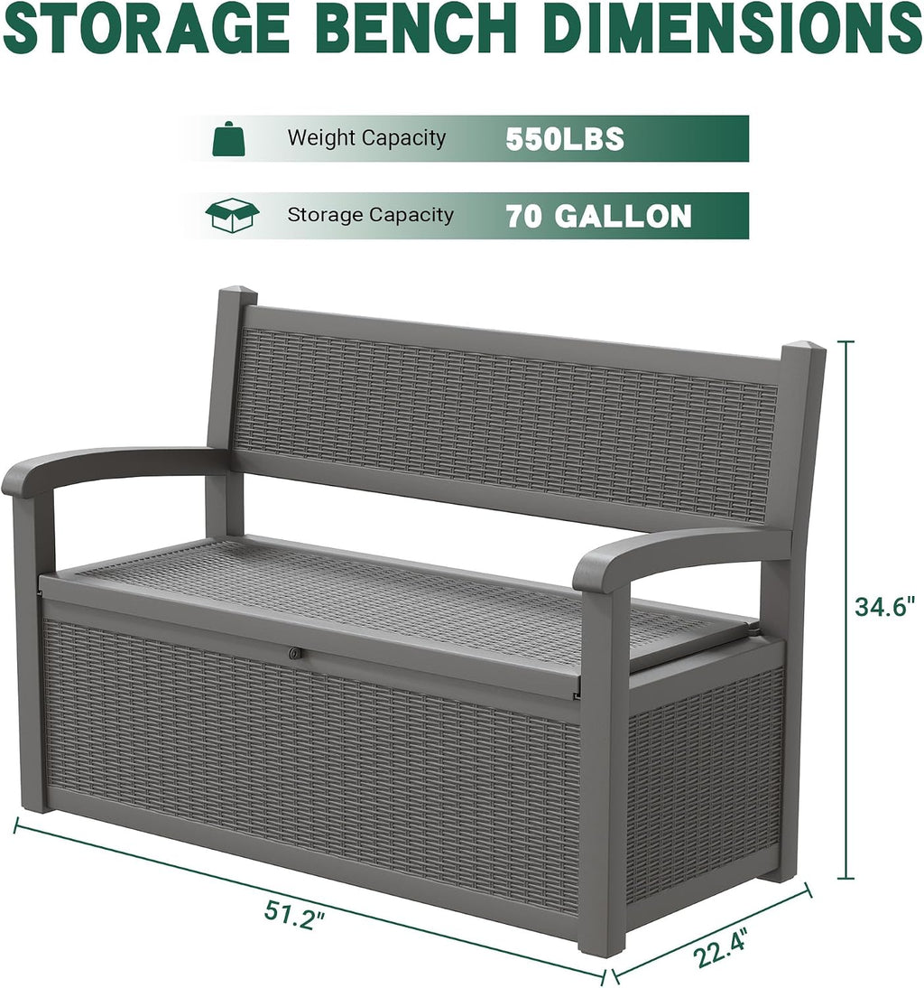 LHBcraft 70 Gallon Outdoor Storage Bench Deck Box Lockable for Patio Furniture, Outdoor Porch Bench with Storage Waterproof for Cushions, Garden Tools and Pool Supplies, Grey