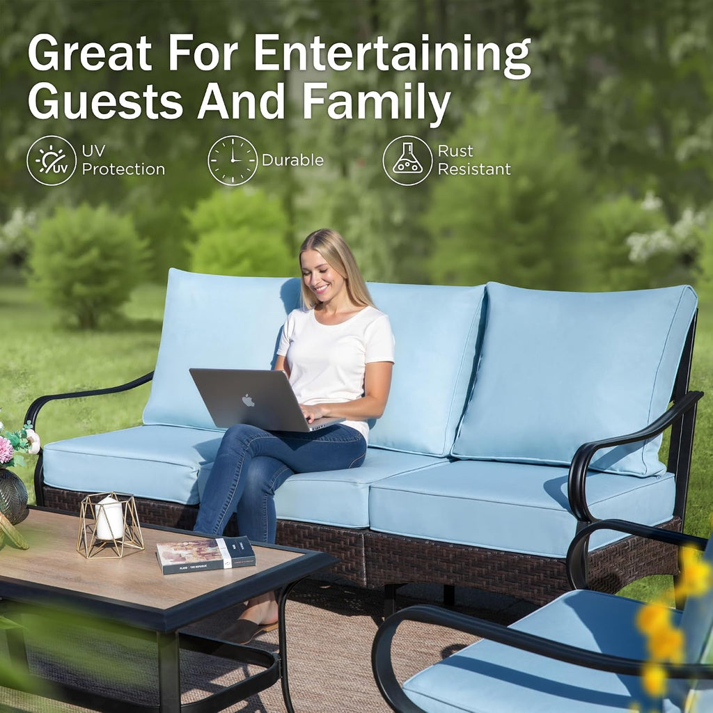 PHI VILLA Outdoor Modern Patio Furniture Set, Upgraded Wicker & Metal Patio Furniture Conversation Set with Waterproof Thick Cushions for Porch, Poolside, Yard (4 Pieces,Blue)