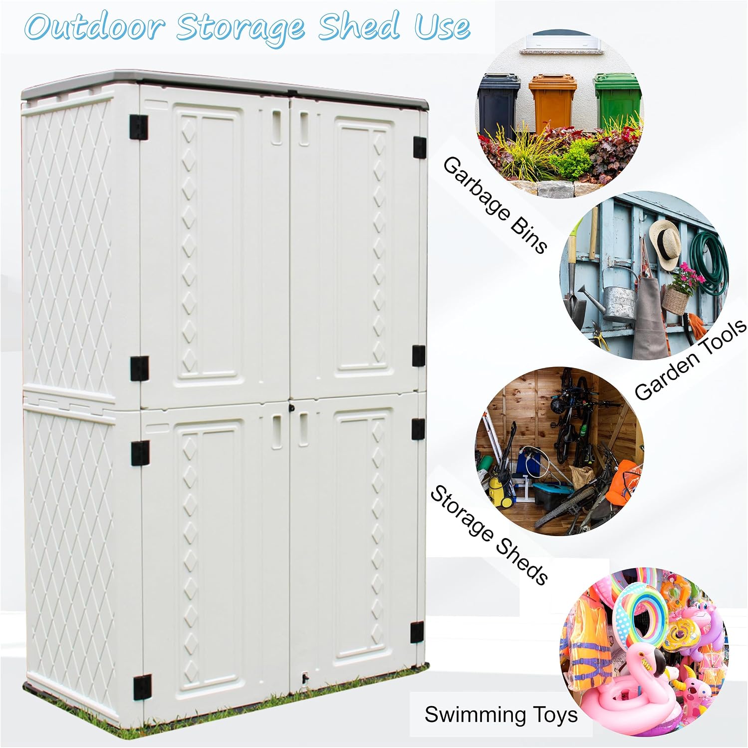 Mrosaa Vertical Resin Storage Shed, 52 Cubic Feet Outdoor Storage Cabinet Waterproof for Garden/Backyard/Home/Pool, Customized Shelves & Lockable(Off White)