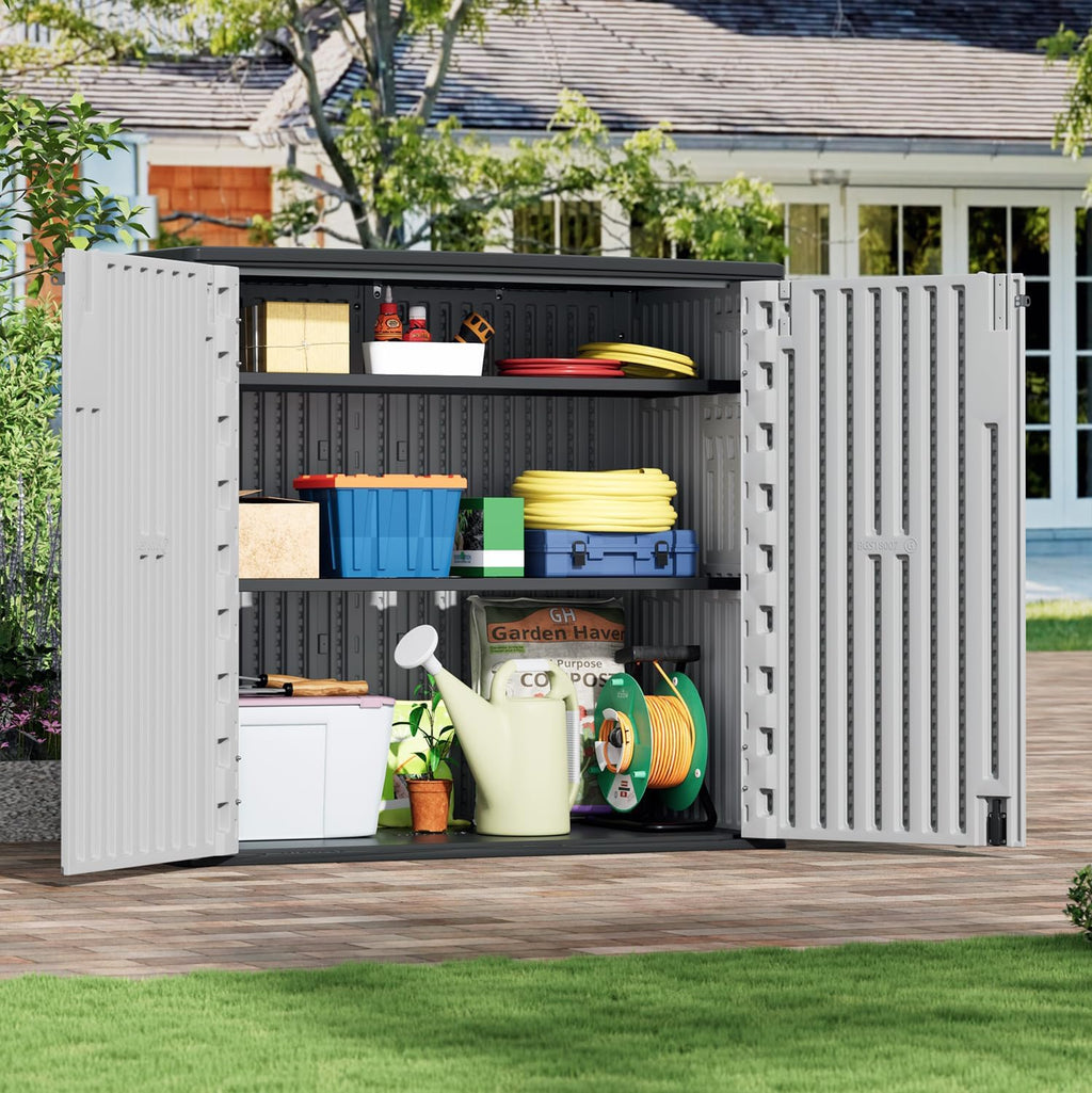 HOMSPARK Outdoor Storage Shed 37 Cu.Ft, All-Weather Resistant Resin Garden Sheds & Outdoor Storage Clearance with Floor, Double-Layer Plastic Tool Sheds for Patio, Garden & Lawn (Light Gray)
