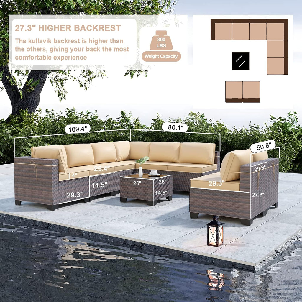 Kullavik 9 Pieces Outdoor Patio Furniture Set,Outdoor Sectional Rattan Sofa Set Brown PE Rattan Wicker Patio Conversation Set with Tempered Glass Coffee Table and Washable Cushions Covers,Sand