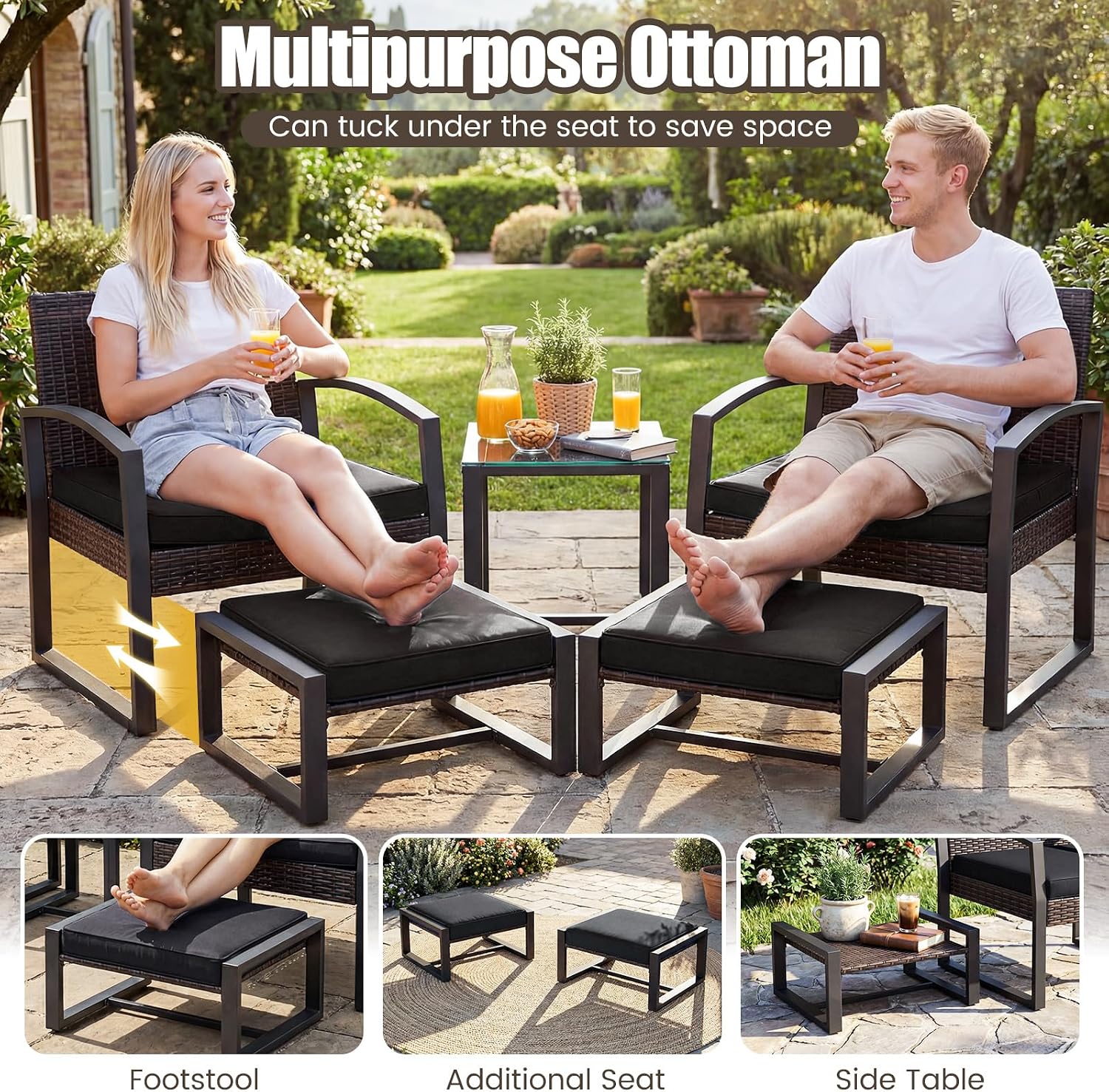 Tangkula 5 Pieces Wicker Patio Conversation Set, Outdoor PE Rattan Chair with Ottoman Set with Glass Side Table, 2-Person Small Balcony Furniture Seating Set with Cushions for Porch, Backyard, Deck