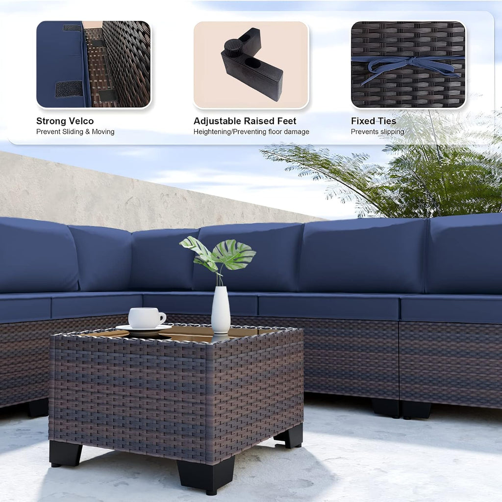 Kullavik 9 Pieces Outdoor Patio Furniture Set,Outdoor Sectional Rattan Sofa Set Brown PE Rattan Wicker Patio Conversation Set with Tempered Glass Coffee Table and Washable Cushions Covers,Navy Blue