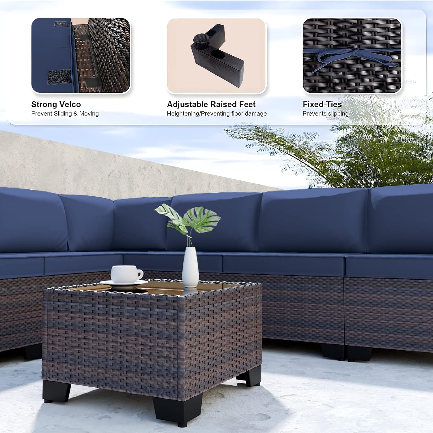 Kullavik 9 Pieces Outdoor Patio Furniture Set,Outdoor Sectional Rattan Sofa Set Brown PE Rattan Wicker Patio Conversation Set with Tempered Glass Coffee Table and Washable Cushions Covers,Navy Blue