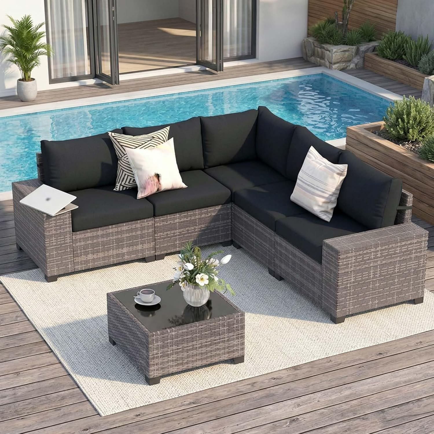 JOIVI 6 Piece Outdoor Patio Furniture Set - Wicker Sofa with Coffee Table, Powder-Coated Frame & Handwoven PE Rattan for All-Weather Durability, Ideal for Parties