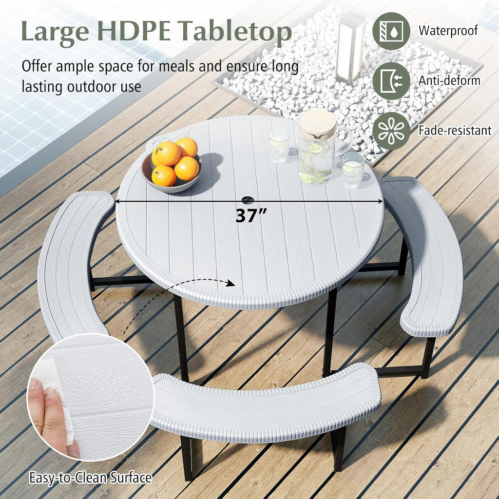 Giantex Picnic Table Bench Set for 4-8 Person, Round 37' Outdoor Dining Table w/Umbrella Hole, HDPE Tabletop, Metal Frame, Patio Furniture Set for Backyard Porch Lawn, 1400lb Capacity (White,Round)