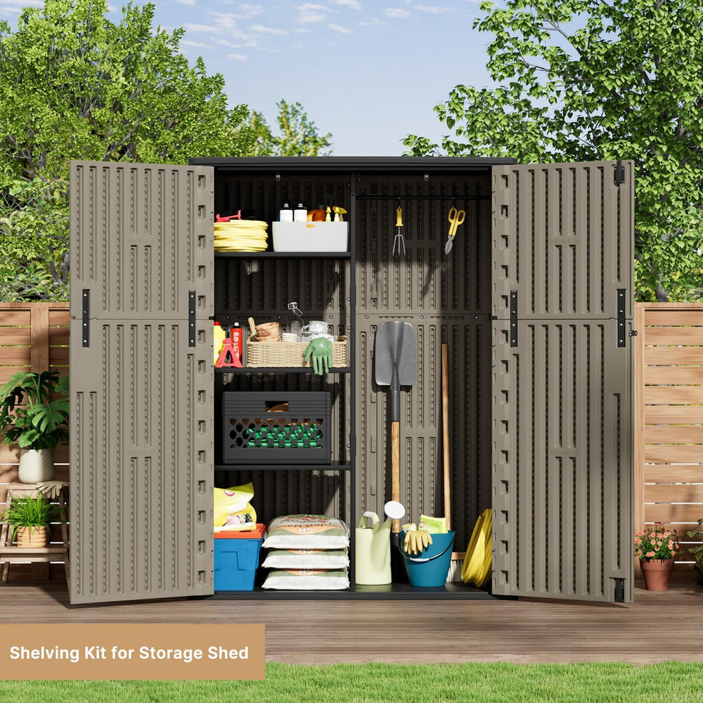 KINYING Outdoor Storage Cabinet Waterproof, 57 Cu.ft Resin Vertical Outdoor Storage Shed for Patio Furniture, Garden Tools, Pool Accessories, Mower Storage (Brown)