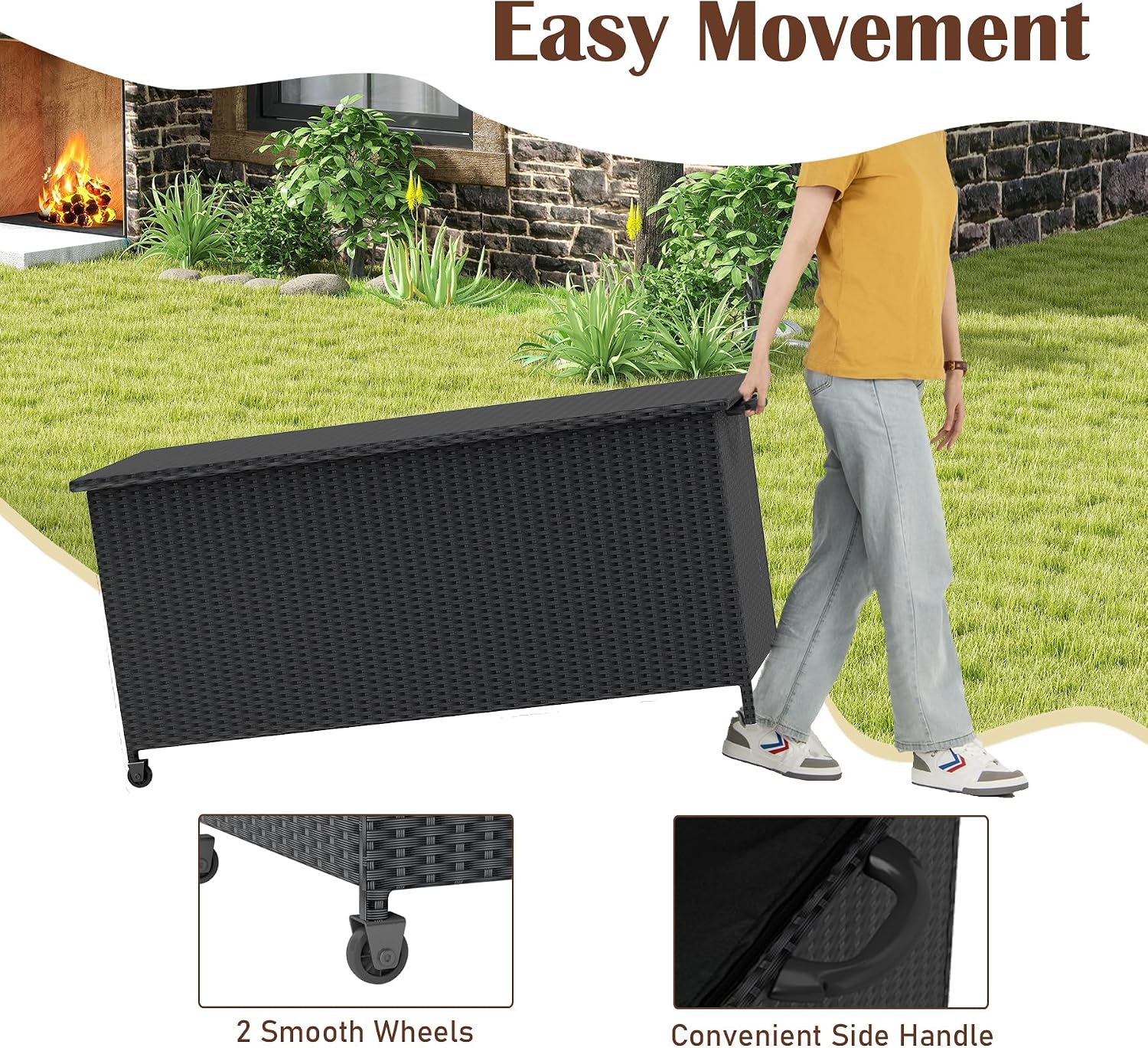 RELAX4LIFE 85-Gallon Deck Box with Wheels - Wicker Rattan Storage Bin Container w/Waterproof Liner & Gas Strut for Patio Cushions, Garden Tools, Pool Supplies, Indoor Outdoor Storage Box (Black)