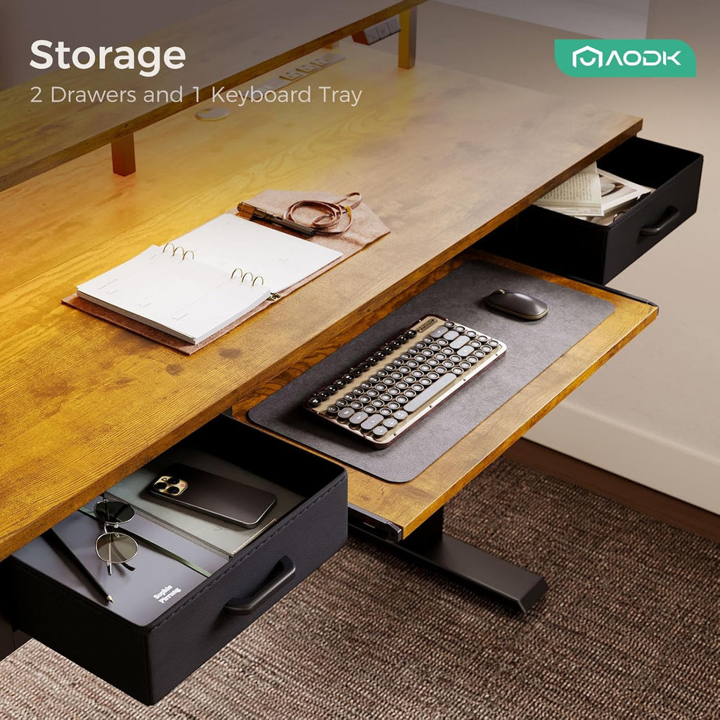 AODK Electric Standing Desk with Drawers & Keyboard Tray, 63 Inch Height Adjustable Gaming Desk with Power Outlets & LED Lights, Sit Stand Table with Monitor Stand for Home, Office, Rustic Brown