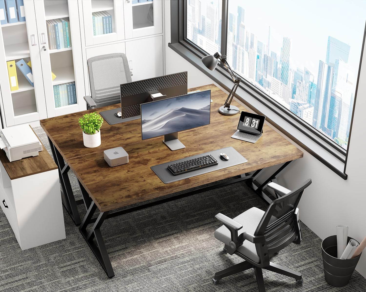 LVB Rustic Wood Computer Desk, Metal Home Executive Office Desk, Industrial Large Gaming Writing Desk, Wooden Student Study Computer Table for Bedroom Living Room, Rustic Brown, 60 Inch