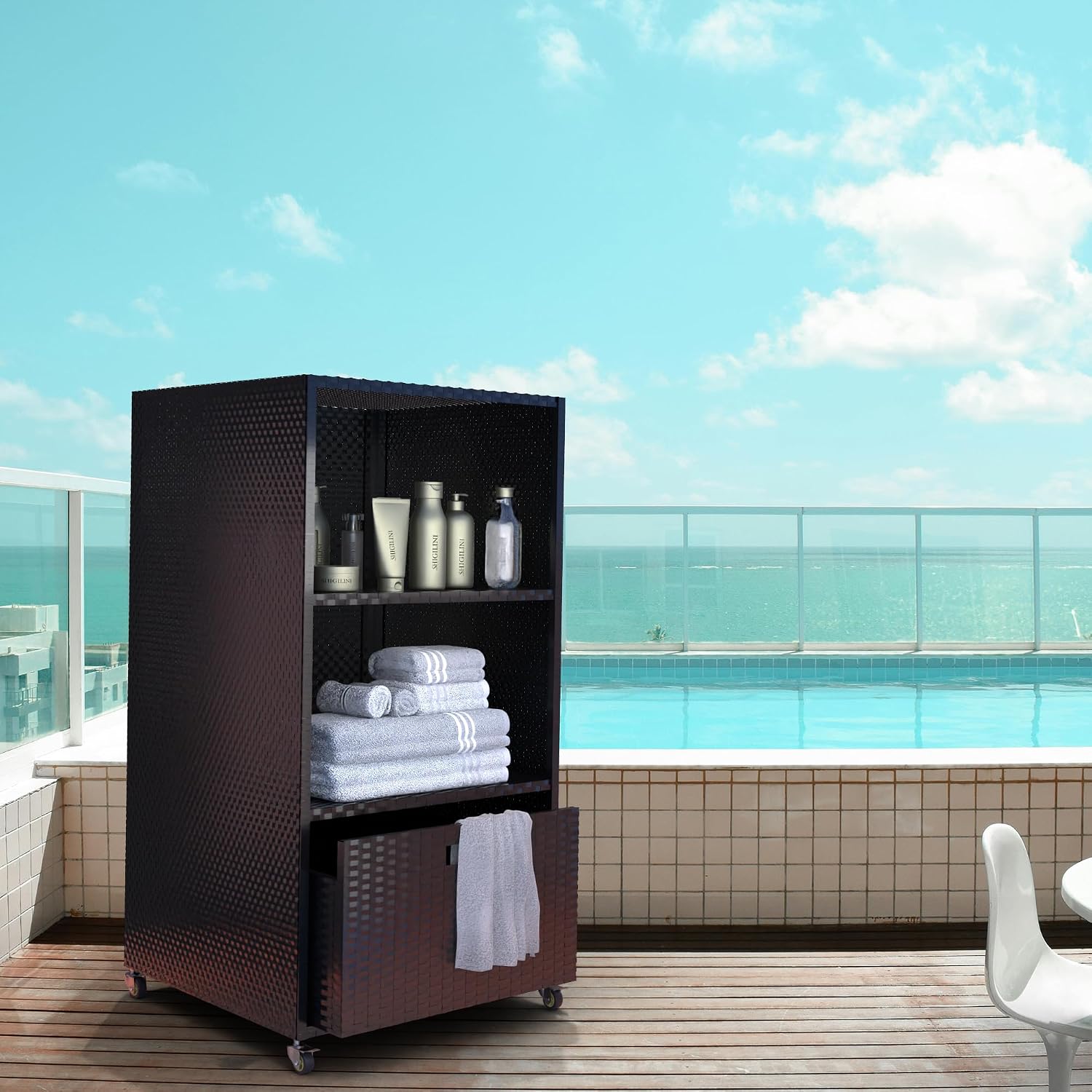 HOOYEAH Pool Towel Rack Outdoor, Waterproof PE Plastic Rattan Wicker Pool Storage Bins Storage Cabinet Organizer, Poolside Towel Caddy with Rolling Wheels for Hot Tub Spa Accessories,Black