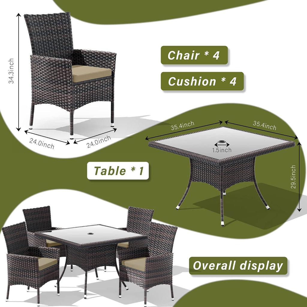 5 Pieces Outdoor Patio Dining Set,Patio Table and Chairs Rattan Outdoor Patio Furniture Set with Umbrella Hole,Dining Table Set for 4 with Chairs for Backyard,Garden and Kitchen,Brown