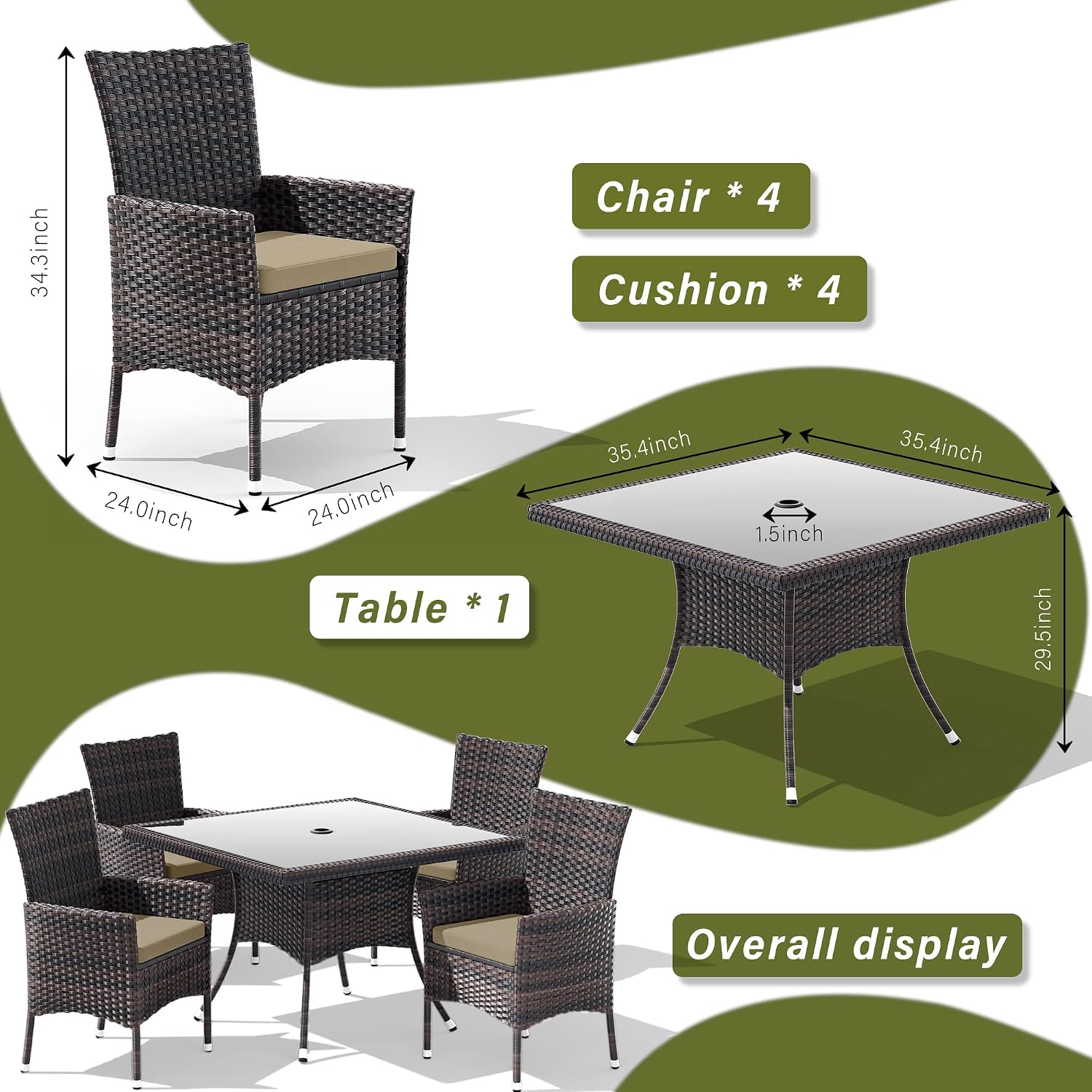 5 Pieces Outdoor Patio Dining Set,Patio Table and Chairs Rattan Outdoor Patio Furniture Set with Umbrella Hole,Dining Table Set for 4 with Chairs for Backyard,Garden and Kitchen,Brown