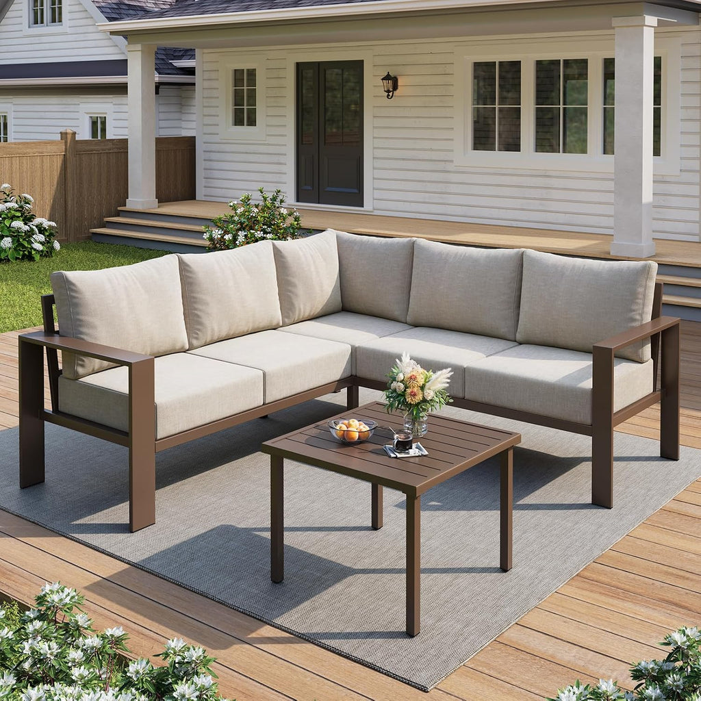 UDPATIO 6 Piece Patio Furniture Set, Metal Outdoor Sectional Sofa with 6' Thick Olefin Cushions, Wide Armrest & Coffee Table, L Shaped Outdoor Furniture for Garden, Backyard Beige
