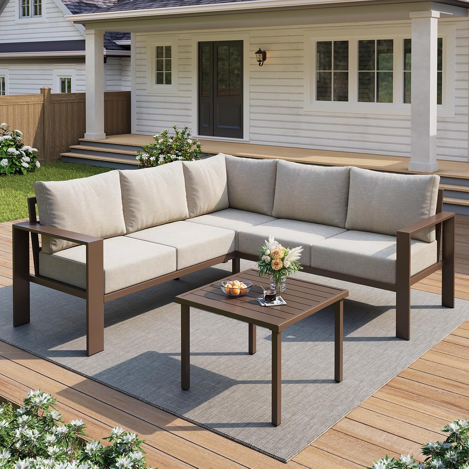 UDPATIO 6 Piece Patio Furniture Set, Metal Outdoor Sectional Sofa with 6' Thick Olefin Cushions, Wide Armrest & Coffee Table, L Shaped Outdoor Furniture for Garden, Backyard Beige