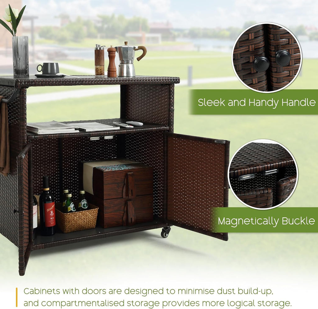 Wicker Outdoor Bar Cart - Brown Patio Console Table Buffet Storage Cabinet Serving Kitchen Cart with Wheels for Outside Backyard