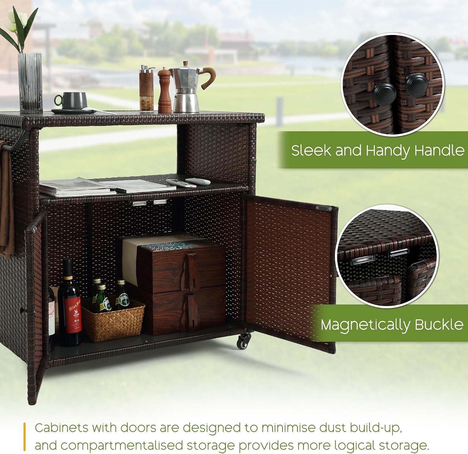 Wicker Outdoor Bar Cart - Brown Patio Console Table Buffet Storage Cabinet Serving Kitchen Cart with Wheels for Outside Backyard
