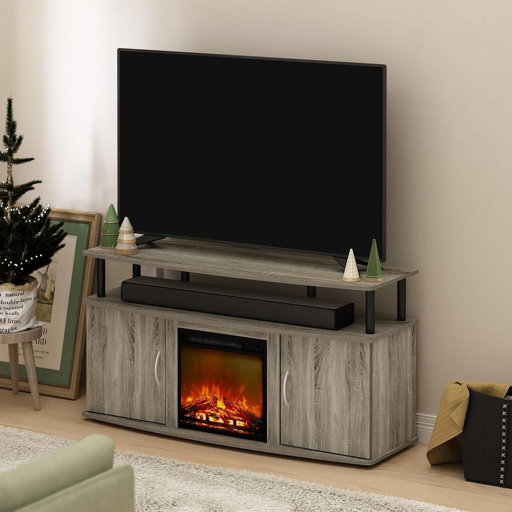 Furinno Jensen Fireplace TV Stand, Entertainment Center, TV Console for TV up to 55 Inch with Fireplace and Doors Storage Cabinet, for Living Room, Bedroom, French Oak Grey