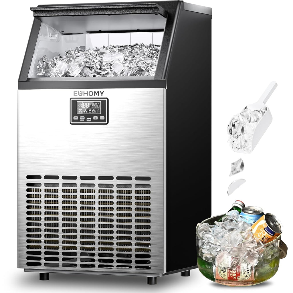 EUHOMY Commercial Crescent Ice Maker Machine,Moon-Shaped Ice,100lbs/24H Stainless Steel Under Counter Ice Machine with 33lbs Storage Bin, Freestanding Crescent Ice Maker for Home/Bar/Cafe/Restaurant