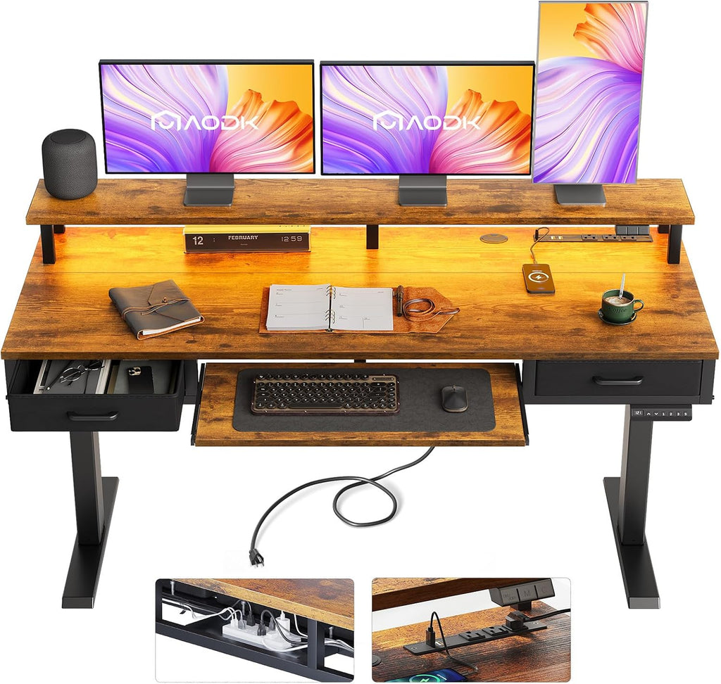 AODK Electric Standing Desk with Drawers & Keyboard Tray, 63 Inch Height Adjustable Gaming Desk with Power Outlets & LED Lights, Sit Stand Table with Monitor Stand for Home, Office, Rustic Brown
