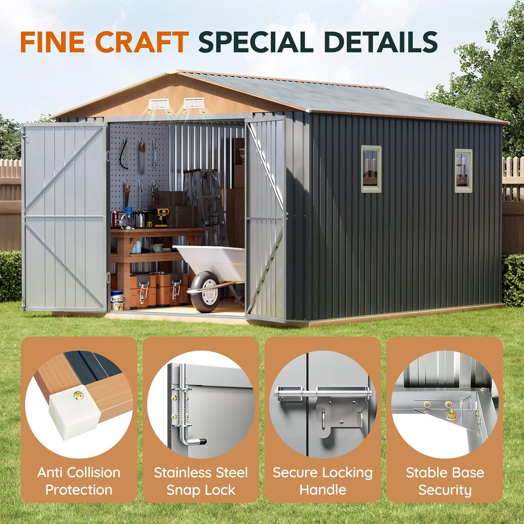 Verdeluxe 10x12x7.4FT Multi-Used Shed & Outdoor Storage Shed with Base, Lockable Doors, Windows and Vents, Extra Large Metal Shed for Garden,Backyard, Patio,Utility, Various Storage Shed(Matte Gray)