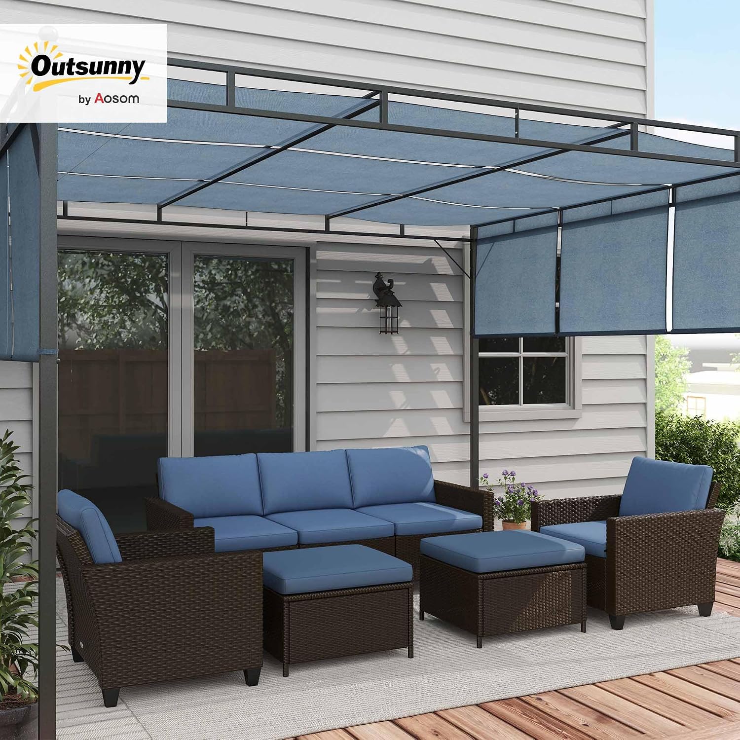 Outsunny 5 Piece Patio Furniture Set with Cushions, Outdoor Conversation Set with Rattan 3-Seater Sofa, Chairs & Footstools for Backyard, Lawn and Pool, Deep Coffee