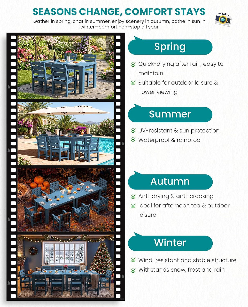 SERWALL Outdoor Dining Sets for 6, HDPE Dining Sets with 1 Umbrella Hole Cut-Out Rectangular Table and 4 Armless Chairs and 2 Armchairs, Patio Dining Sets, Blue